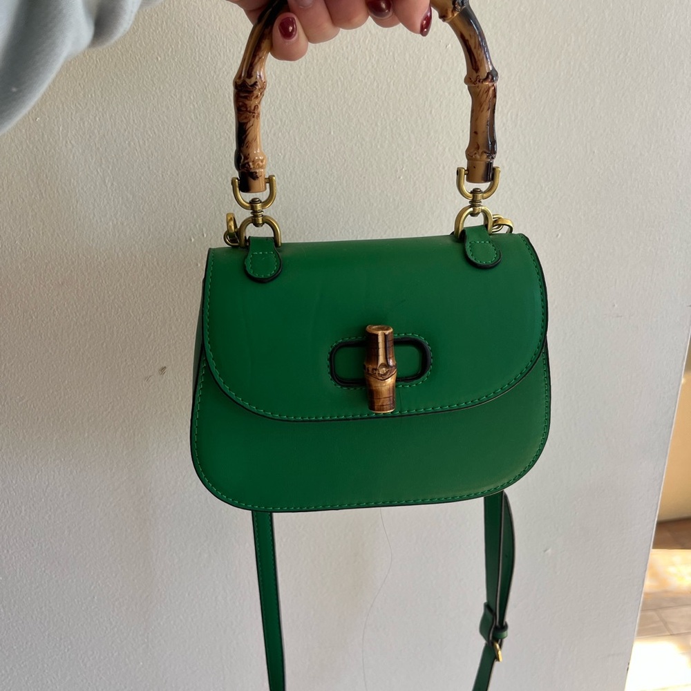 Green Leather Handbag with Bamboo Handle
